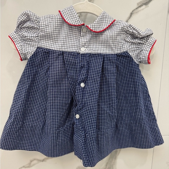 Vintage Blue & White Checkered Dress w Peter Pan Collar & Red Cats Embroidered - Picture 2 of 4
